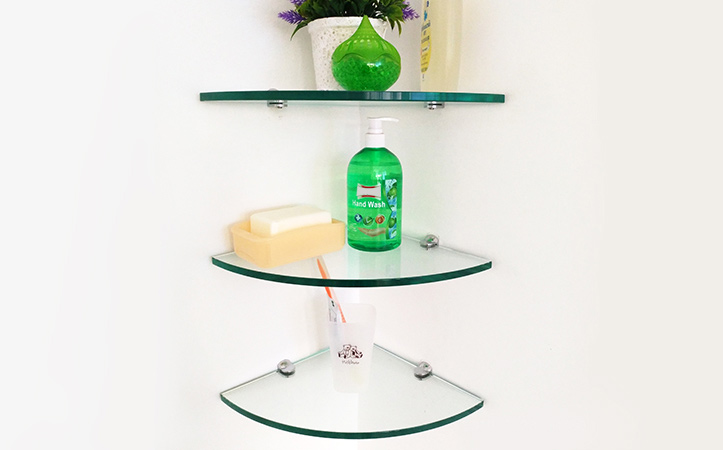 Fan-shaped edge grinding clear tempered glass bathroom shelf